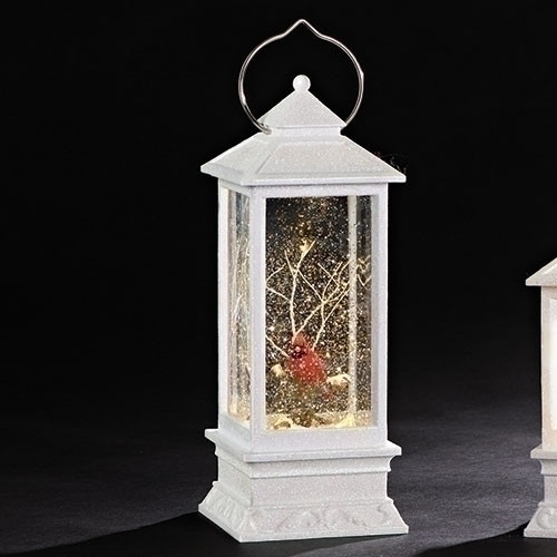 11" LED White Swirl Lantern with Cardinal Ornament. Ornament is made of plastic and measures 10.88"H. Battery operated. Batteries not included. 