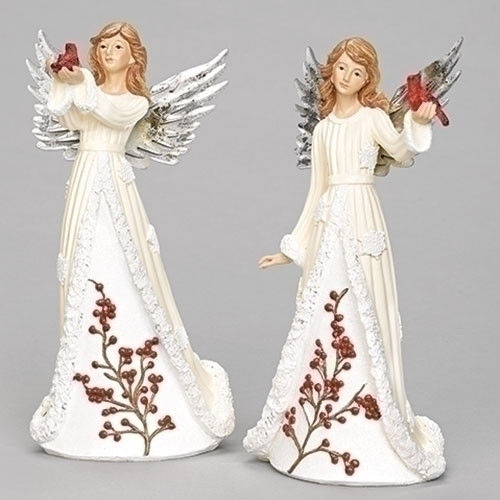Image of the two differently positioned Angel Figures with Cardinal in a dress adorned with holly and snowflakes.