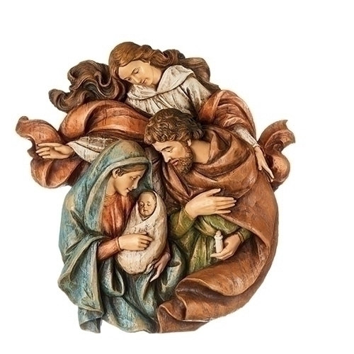 14" H Holy Family Bust with Angel Wall Piece. Bust is made of a poly/resin material.  The dimensions are: 14.09"H x 5.31"W x 14.96"D. The Holy Family with Angel Wall Piece weighs 6.65 lbs.