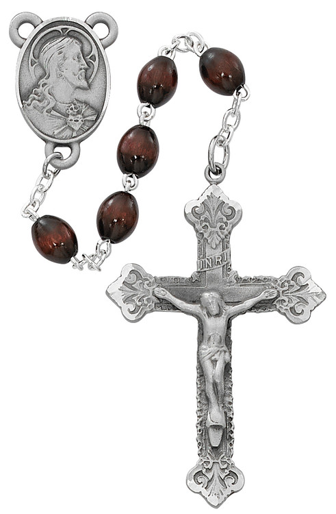 4 x 6 Millimeter Brown Wood Rosary. Pewter Crucifix and Sacred Heart of Jesus Center. Deluxe Gift Box Included