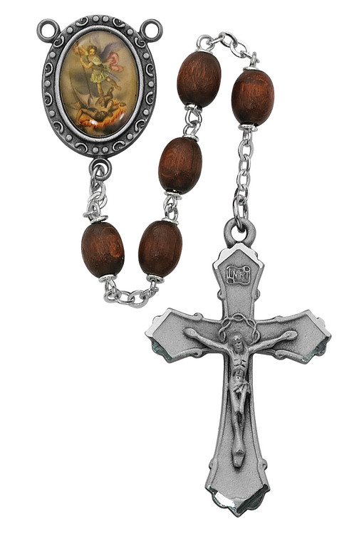 6 X 8mm Oval Brown Wood Bead Rosary. Pewter St. Michael Center and Crucifix. Deluxe Gift Box Included