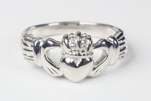 Men's Sterling Silver Claddagh Ring. Sizes 7-12.  Hand Made in the USA. Lifetime Guarantee against tarnishing and defects.  Also 14K gold ring available. Call for pricing