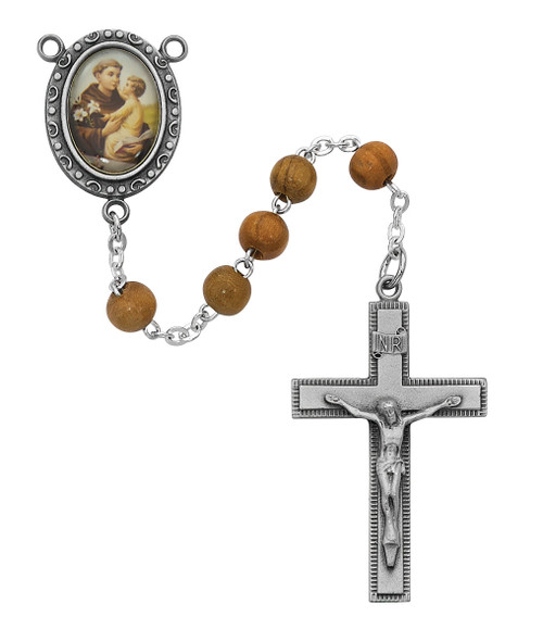 Men's St Anthony  Oval Olive Wood Bead Rosary.  The Crucifix and Centerpiece are made of pewter. The St. Anthony Rosary comes in a Deluxe Gift Box.