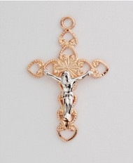 7/8" Rose Gold Sterling Silver two tone Crucifix with silver corpus. Two tone rose gold crucifix comes on an 18" chain. Gift box included. Made in the USA