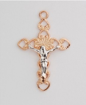 7/8" Rose Gold Sterling Silver two tone Crucifix with silver corpus. Two tone rose gold crucifix comes on an 18" chain. Gift box included. Made in the USA