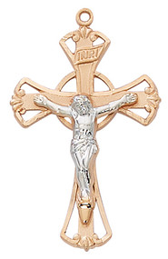 Rose Gold Sterling Silver two tone Crucifix with silver corpus. Two tone rose gold crucifix comes on an 18" chain. Gift box included. Made in the USA