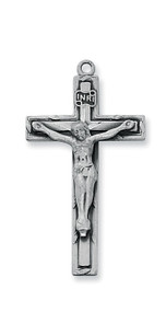 1 1/2" x 3/4" Antique Silver Plated Pewter Crucifix includes an 18 inch rhodium plated chain in a gift box.