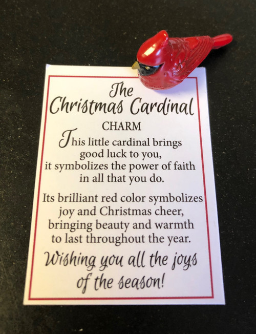 Cardinal Charms measure 1"L x 1/2"H. Cardinal Christmas Charms come with Prayer Card