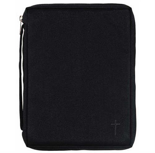 Your Bible Cover is covered with Kodra canvas, a super-durable nylon fabric used by hunters, law enforcement and the military. This Bible cover has a simple embroidered cross accent, along with handy pocket on front and carrying handle on the side. Also features padded lining, nylon reinforced stitching, lay-flat design, and non-rusting, self-repairing zipper. Holds a Bible or book up to 5 1/2W x 81/2H x 1 1/2D .