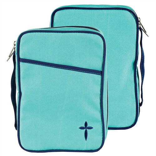 Polyester Canvas Bible Cover. Large Turquoise line with cross embroidery. Bible has a front pocket, a cross zipper pull. A cross is situated on the bottom right corner of the bible cover. Bible comes with a corrugated box insert. Holds a Bible or book up to 6 1/2W x 9 1/4H x 1 3/4D.