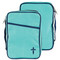 Polyester Canvas Bible Cover. Large Turquoise line with cross embroidery. Bible has a front pocket, a cross zipper pull. A cross is situated on the bottom right corner of the bible cover. Bible comes with a corrugated box insert. Holds a Bible or book up to 6 1/2W x 9 1/4H x 1 3/4D.