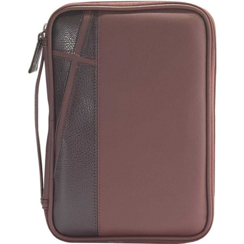 Medium Bible Case - Brown/Dark Brown with Cross Design. Accommodates book up to 5 1/4" x 8 1/2" x 1 1/2". Bible cover lies completely flat for easy use. Bible has a taffeta lining and comes with a comfortable handle. The exterior has pocket store and a cross design up the left side of cover. Bible has reinforced stitching and has  a custom zipper pull 

