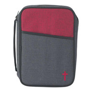 This large Bible cover features a red stitched cross. On grey and red background featuring a slash style front pocket, full zippered closure and handle.  Bible cover outside dimensions measure approximately 7.25 x 10.25 x 2 inches. Accommodates a large Bible or book that is 6.5 x 9.25 x 1.75 inches or smaller.  Features a beautiful polyester material and is spot clean only.  Lays flat when open to fully view bible without removing. The perfect way to protect God's word
