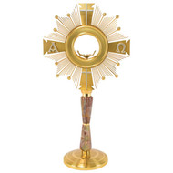 Monstrance M-2014. Made of 24K goldplate and alabaster. Monstrance is  21"H. Monstrance accepts hosts up to 3". Imported from Europe