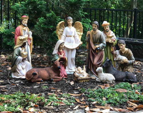 This 20" large scale Nativity Scene is made of a durable fiberglass-resin construction. Full colored, hand painted Nativity figures! This Nativity Set is perfect for indoor and outdoor use! Nativity Set comes complete with 12 Total Pieces;  Mary, Joseph, Infant Jesus (removable from crib), Three Wise Men, Shepherd, Angel, Cow, Donkey, and Sheep. Beautiful detail makes this nativity perfect for your church, School or Institution.  A stable or some sort of cover is recommended for outdoor display. Extra animals such as 17" roosters (53379), 16" ducks (53378), 25" goats (53375), camels (53368) are sold separately.