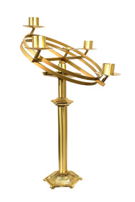 If you are looking for a beautiful but simple standing church advent candle holder, this is a great choice for you!

Features:
This tilting advent wreath is finished in a satin and polished bronze finish. 
This candle holder comes with two options; the top advent wreath only, or the complete set.
Standard socket size is 3".
This church advent candle holder is detailed and elegant at the top and simple at the bottom.
CANDLES NOT INCLUDED
This is a beautiful and simple standing advent candle holder that is perfect for any church. Use it as an advent wreath or a paschal candle stand.