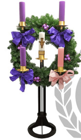 The Vertical Advent Wreath, decorated with greenery and candles.