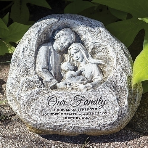 4.25"H Holy Family Garden Stone from the Joseph Studio Garden Collection. Dimensions: 4.25H x 8W X 7.25L. Made of a resin/stone/material