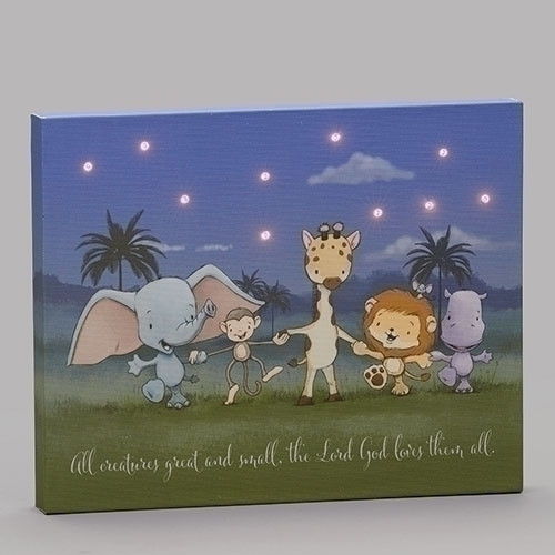 8"H LED Plaque All Creatures Great and Small. -8"H medium density fiberboard decorative panel. Depicts different animals holding hands and the words "All creatures great and small, th Lord God loves them all. Dimensions: 8"H X 9.85"W X 0.984D