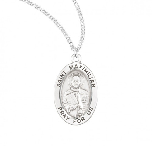 Oval sterling silver St. Maximilian Kolbe Medal with a genuine rhodium-plated stainless steel 20" Chain Comes in a deluxe velour gift box. Engraving available. Made in the USA