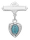 Sterling Silver Miraculous Baby Pin/Pendant with blue or pink enameled Miraculous Medal. Sized for a baby. Perfect for baptism gift! Miraculous Medal Bar Pin comes in a deluxe  gift box. Engraving available. Made in the USA.  Minimum of 12 Letters Only