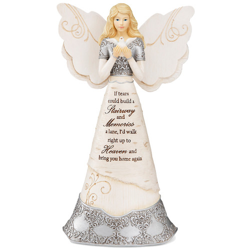 8" Sympathy Angel. "If Tears Could Build A Stairway And Memories A Lane, I'd Walk Right Up To Heaven And Bring You Home Again." Text is debossed and hand-painted onto the front of the angel, alongside an intricate silver design and bird.