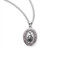 Pink hand set crystal cubic zirconia stones on an oval sterling silver Miraculous Medal.  Dimensions: 0.9" x 0.6" (24mm x 16mm). Sterling silver miraculous medal with cubic zirconia stones comes on an 18" rhodium plated stainless steel chain with clasp. Medal comes in a deluxe velour gift box.