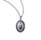 Sapphire hand set crystal cubic zirconia stones on an oval sterling silver Miraculous Medal.  Dimensions: 0.9" x 0.6" (24mm x 16mm). Sterling silver miraculous medal with cubic zirconia stones comes on an 18" rhodium plated stainless steel chain with clasp. Medal comes in a deluxe velour gift box.