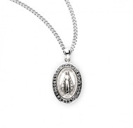 Sterling silver miraculous medal with cubic zirconia stones comes on an 18" rhodium plated stainless steel chain with clasp.