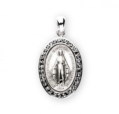 Jet Black hand set crystal cubic zirconia stones on an oval sterling silver Miraculous Medal.  Dimensions: 0.9" x 0.6" (24mm x 16mm). Sterling silver miraculous medal with cubic zirconia stones comes on an 18" rhodium plated stainless steel chain with clasp. Medal comes in a deluxe velour gift box.