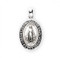 Jet Black hand set crystal cubic zirconia stones on an oval sterling silver Miraculous Medal.  Dimensions: 0.9" x 0.6" (24mm x 16mm). Sterling silver miraculous medal with cubic zirconia stones comes on an 18" rhodium plated stainless steel chain with clasp. Medal comes in a deluxe velour gift box.