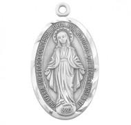Sterling Silver Spanish Oval Miraculous Medal. Medal comes on a 24" genuine rhodium plated endless curb chain. Medal is a Solid .925 sterling silver. Dimensions: 1.5" x 0.9" (37mm x 22mm). Weight of medal: 10.4 Grams. Deluxe velvet gift box included. Made in the USA
