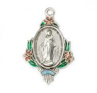 Oval shaped with pink flowers Miraculous Medal. Medal is .925 sterling silver with a 24" genuine rhodium plated endless curb chain. Dimensions: 1.2" x 0.9" (32mm x 22mm).  Weight of medal: 5.4 Grams. Deluxe velour gift box is included. Made in the USA