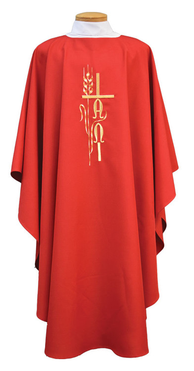 Ample cut (60"W x 52"L), lightweight, textured fortrel polyester-linen weave.  Multicolor Swiss Schiffli Embroidery on front only or front and back. Self lined stole is included with each chasuble. Available with roll collar at an additional cost.