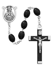 Men's Sacred Heart of Jesus 6 x 8mm black wooden bead rosary. Silver oxidised Sacred Heart of Jesus Centerpiece and Cross. 