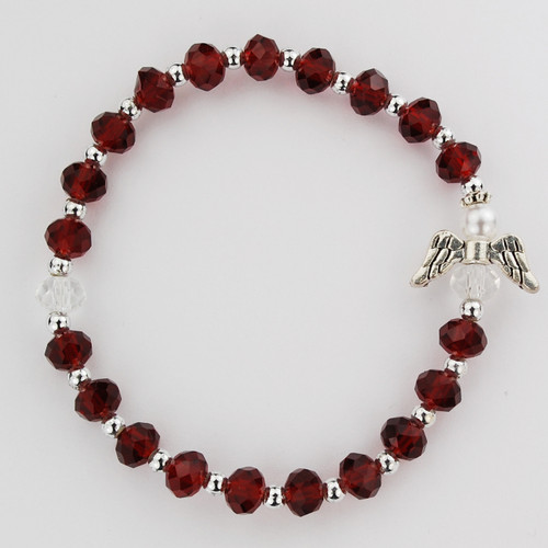 January ~ Garnet  - Youth sized 6 1/2" Birthstone Angel Bracelets for Children.  6mm glass  beads with pearl, glass and silver angel.   Gift Boxed and Made in the USA!