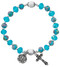 7 1/2" Adult Aqua Flower Crystal Stretch Bracelets.  Aqua Lower beads with aqua crystal bead stretch bracelet Miraculous medal and crucifix are oxidised silver. Bracelet comes carded.  Made in the USA!