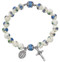 7 1/2" Adult Blue Ceramic Flower Crystal Stretch Bracelet.  Aqua flower beads with aqua crystal bead stretch bracelet Miraculous medal and crucifix are oxidised silver.  Made in the USA!
