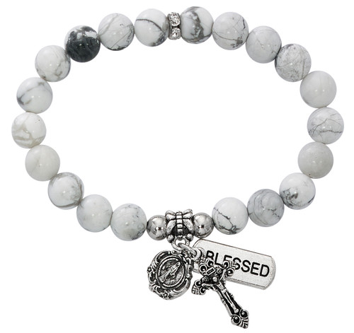 7 1/2" Adult Howlite Beads Stretch Bracelet.  Miraculous medal and crucifix are oxidised silver. Bracelet comes carded.  Made in the USA!