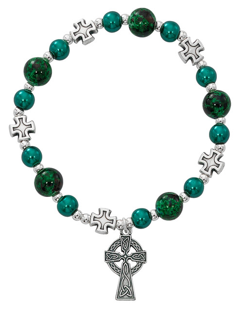 Celtic Cross Stretch Bracelet.  Different size Green marbelized beads with silver oxidised components. 