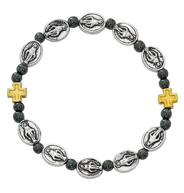 Our Miraculous Medal Stretch Bracelet. Bracelet consists of hematite beads and metal cross beads with silver oxidised components. 