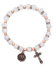 Copper plated real crystal beads with crystal stone spacer beads stretch bracelet. Real crystal capped Our Father Bead. Copper plated crucifix and miraculous medal.  
