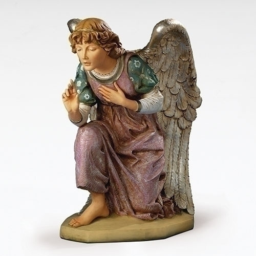 Full-color angel resting on one knee holding one hand to her heart. Fontanini 50" Kneeling Angel. Marble Based Resin
