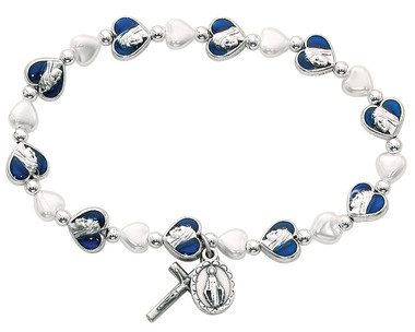 Adult Bracelet alternates blue enamel heart beads and white heart pearl glass beads.  Silver oxidised miraculous medal and crucifix.