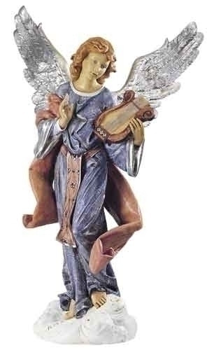 An angel with silver wings standing on a cloud holding a harp.
