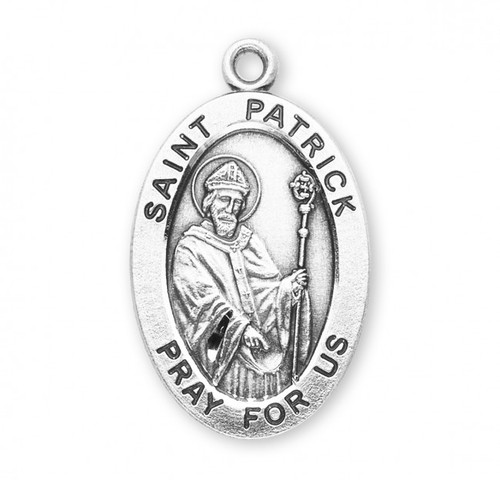 Saint Patrick Oval Medal.  St Patrick is the Patron Saint of Ireland and snakebites. Medal is a Sterling silver oval medal with a 24" genuine rhodium plated curb chain. Dimensions: 1.1" x 0.7" (27mm x 17mm). Weight of medal: 2.8Grams. Medal comes in a deluxe velour gift box. Engraving option available. Made in the USA

 