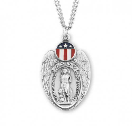 1 1/4" Army St. Sebastian Medal with a 24" Chain. Medal is all sterling silver with a 24" genuine rhodium plated endless curb chain. The medal features red white and blue epoxy embellishments. Deluxe velour gift box.
