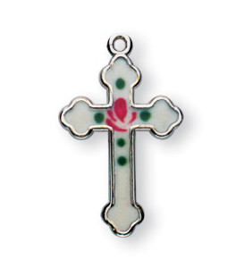Sterling Silver with White Enamel - 3/4" Enameled Cross with a 18" Chain. Cross is sterling silver with a genuine rhodium-plated, 18" stainless steel chain. Available in white, pink or blue enamel. Enameled cross presents in a deluxe velour gift box