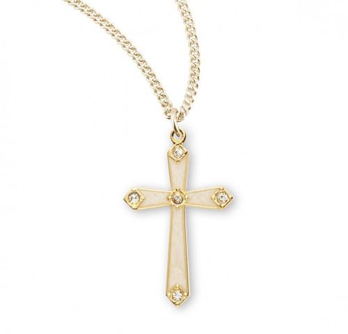 1 1/8" Women's 16kt Gold over Solid Sterling Silver pearl enameled cross pendant with five crystal zircons. Cross comes on an 18" genuine gold plated chain in a deluxe velour gift box. Made in the USA