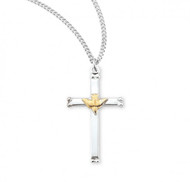 1 1/8" Women's sterling silver two tone Holy Spirit Cross on an 18" genuine rhodium curb chain. Cross comes in a deluxe velour gift box.  Dimensions: 1.1" x 0.7" (29mm x 17mm). Made in the USA